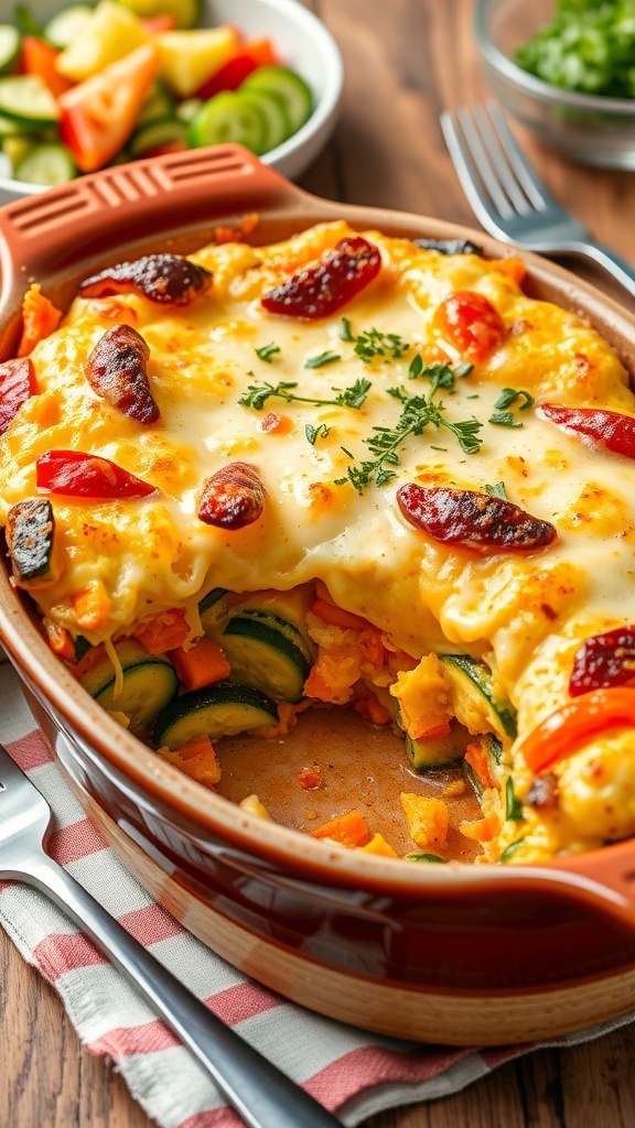 Healthy Vegetable Casserole Recipe A baked vegetable casserole with layers of zucchini, bell peppers, and cheese, served in a rustic dish.